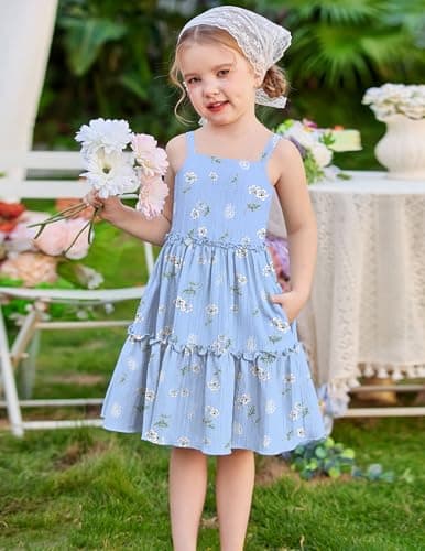 Arshiner Toddler Spaghetti Strap Dress Blue Floral Dress Girls Summer Dresses Kids Beach Boho Sundresses 4t