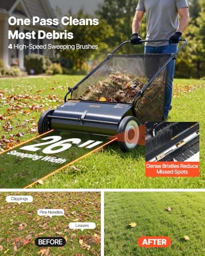 VEVOR Push Lawn Sweeper 26 Inch Leaf & Grass Collector Strong Rubber Wheels