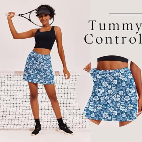 Ekouaer Skort Golf Skirts for Women Tennis Athletic Skirt Inner Shorts Pocket Floral Running Workout Sports Skorts,Teal Pattern — view 4