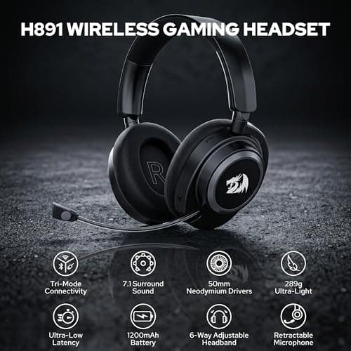 Redragon H891 Wireless Gaming Headset, Tri-Mode (2.4G/BT/Wired), 65H Battery, 50mm Drivers & 7.1 Surround Sound, Noise-Cancelling Retractable Mic, Compatible with PC, PS5, NS, Mac, Mobile