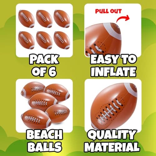 KiddieLoot Inflatable Football Beach Balls (6 Pack) - 16-Inch Durable Beach Balls for Kids, Summer Pool Toys, Football Party Favors, Sports Theme Decorations, Giveaways