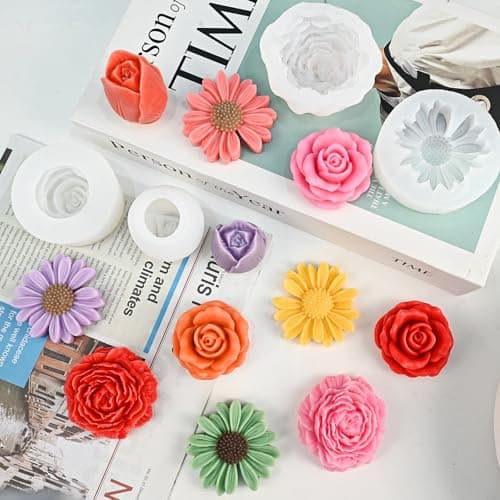 ZQYSING Flower Candle Molds Set, 3D Rose, Daisy, Peony, Tulips Floral Molds — view 6