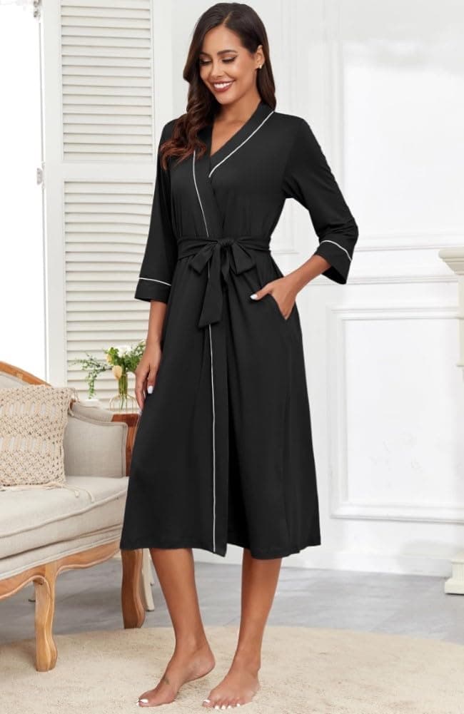 PrinStory Women Dressing Gowns Causal Kimono Robes Long Bathrobe Soft Womens 3/4 Sleeve Ladies Loungewear — view 2
