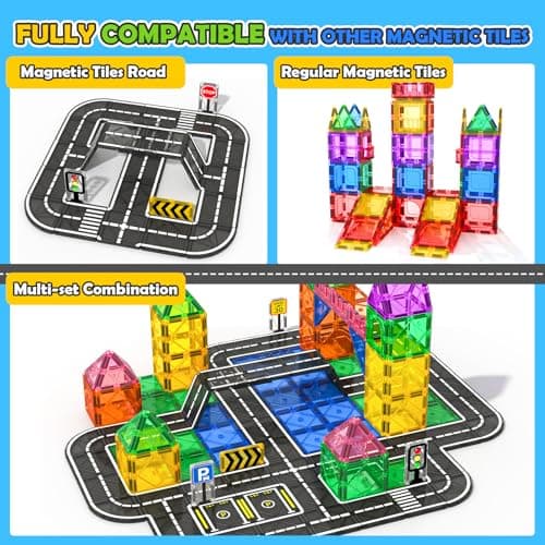 IGIVI Magnetic Tiles Road with Bridge Clamp, STEM Magnetic Building Blocks for Kids, Educational Montessori Sensory Toys for Kids Ages 3-5 4-8 5-7, Gift for 3+ Year Old Boys Girls — view 2