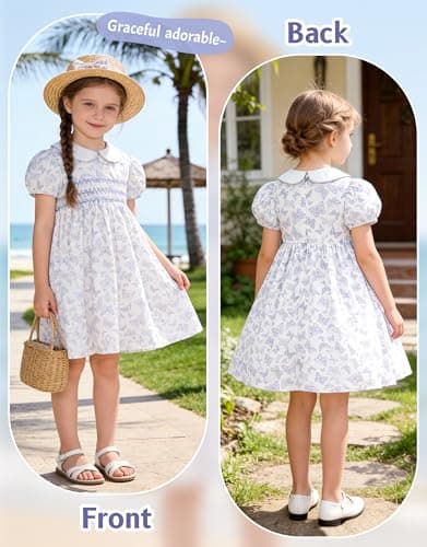 Miipat Toddler Girls Smocked Floral Dress Puff Sleeve Cotton Butterfly Print Kids Peter Pan Collar Summer Dress(BlueButterflyPrint,3-4T) — view 5