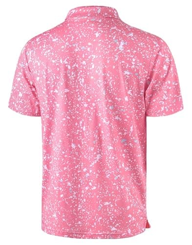 Obla Mens Golf Polo Shirts Short Sleeve Dry Fit Performance Moisture Wicking Casual Print Collared Golf Shirts for Men (Pink Colored Dots_XXL)