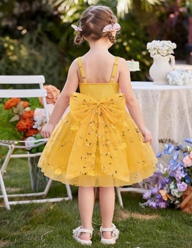 Arshiner Toddler Girls Tulle Dress Bowknot Tutu Birthday Princess Embroidery Yellow Floral Dresses Formal Photoshoot Outfit Summer Clothes 5-6Years — view 3