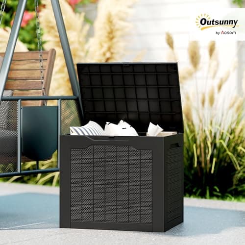 Outsunny 28 Gallon Deck Box, Resin Outdoor Storage Box with Handles, Waterproof and UV Resistant Storage Container for Garden Tools and Pool Supplies, Black