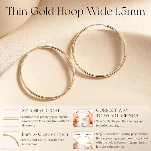 Senteria Thin Gold Hoop Earrings for Women 14k Gold Plated Hoop Earrings Hypoallergenic 925 Sterling Silver Post Lightweight Endless Large Big Gold Hoop Earrings 30/40/50/60/70mm — view 4