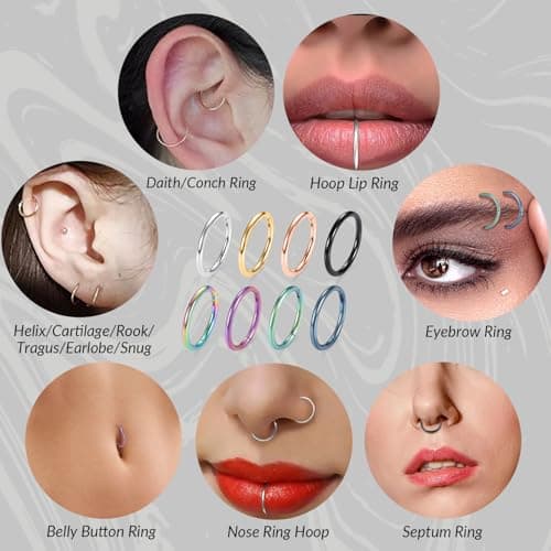 16g Nose Ring Hoop Earrings Gold Nose Hoops 16 Gauge Lip Rings Septum Hoop Seamless Septum Clicker 8mm Septum Ring Cartilage Earring Helix Earring Rook Earrings Nose Rings Surgical Steel — view 5