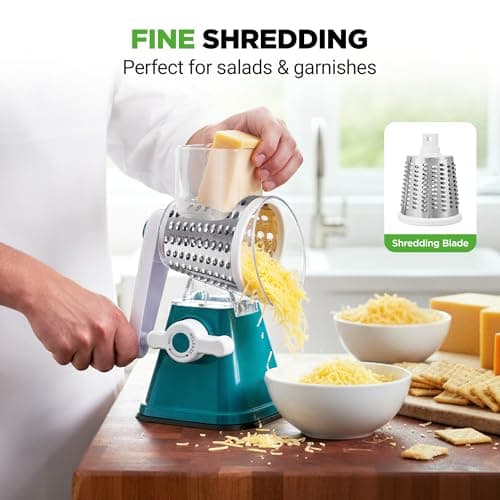 Nutrichef 3 in 1 Cheese Grater & Shredder | Strong Suction Base, Rotary Handle with Safety Lock | Includes Hand Crank & 3 Drum Blades for 3 Textures, Fine, Medium & Strips | Teal — view 3