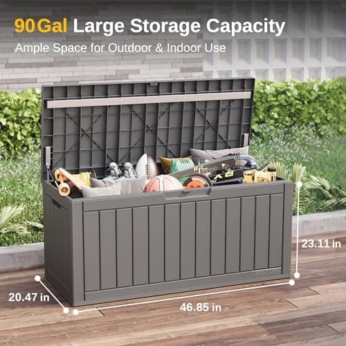 EAST OAK Outdoor Storage Box, 90 Gallon Deck Box Indoor and Outdoor Use, Waterproof Resin Storage Bin for Patio Cushions, Gardening Tools, Lockable, UV Resistant, Grey