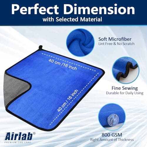 Airlab Microfiber Car Drying Towels 800GSM Thick Plush Cleaning Cloths Auto Detailing Quick Dry Wash Cloth for Interior & Exterior Lint Free, Streak Free, 40 x 40 cm, 4 Pack — view 3