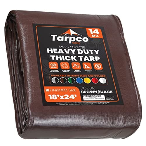 Tarpco Safety Extra Heavy Duty 14 Mil Tarp Cover, Waterproof, UV Resistant, Rip and Tear Proof, Poly Tarpaulin with Reinforced Edges for Roof, Camping, Patio, Pool, Boat (Brown/Black 18′ X 24′)
