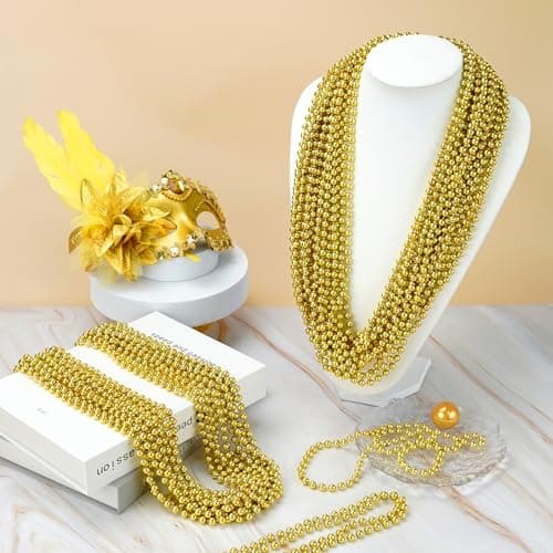 SHAOQINLIN 24 PCS Gold Mardi Gras Beads, Christmas Necklaces, Gold Bead Necklace, 33'' Metallic Party Beads Necklaces Bulk for Mardi Gras, Christmas, New Year's Day, Carnival Party Favors — view 5