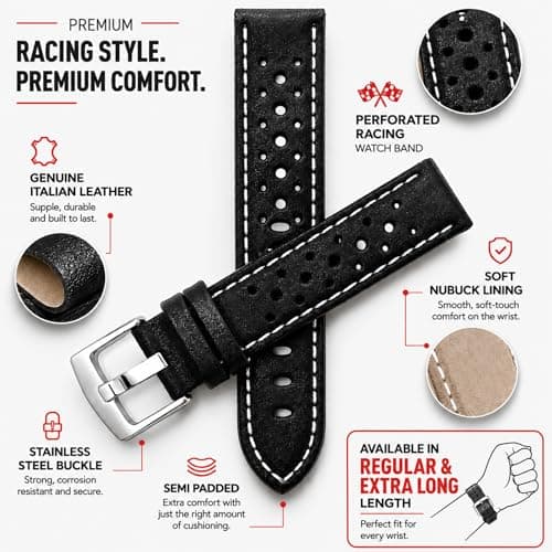 Bandini 22mm Mens Italian Leather Watch Band Strap - Royal Blue - Vented Racer - GT Rally