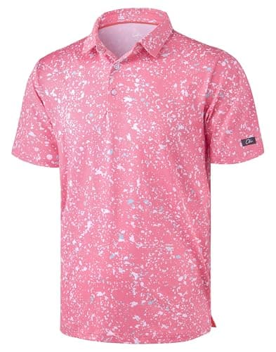 Obla Mens Golf Polo Shirts Short Sleeve Dry Fit Performance Moisture Wicking Casual Print Collared Golf Shirts for Men (Pink Colored Dots_XXL)
