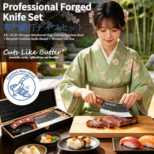 Cuts Like Butter 6.2 Inch Meat Cleaver Butcher Knife with Leather Sheath, Wooden Gift Box, Full Tang High Carbon Steel Japanese Chef Knife for Kitchen Outdoor, Gifts for Women Men Christmas Birthday — view 3