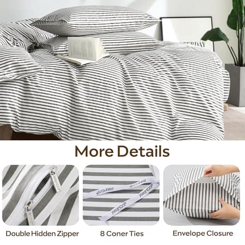 JELLYMONI 100% Natural Cotton 3pcs Striped Duvet Cover Sets,White Duvet Cover with Grey Stripes Pattern Printed Comforter Cover,with Zipper Closure & Corner Ties(Queen Size) — view 4