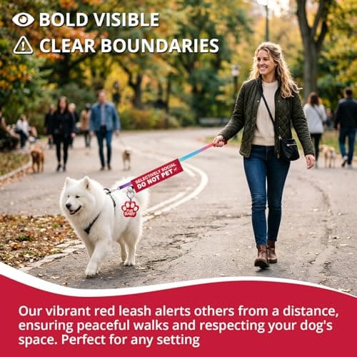 Selectively Social Dog Leash Wrap, Double-Sided Visible Dog Sleeve with Heart Carabiner, Ripstop Do Not Pet Warning Sign, Fits Standard Rope & Flat Leashes, Red — view 5