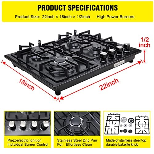 FORIMO Gas Cooktop 22Inch，Built in Gas Cooktop 4 Burners Stainless Steel Stove with NG/LPG Conversion Kit Thermocouple Protection and Easy to Clean