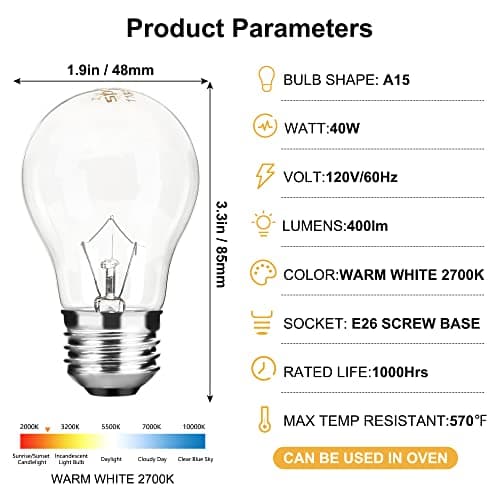Appliance Oven Light Bulb A15 40W High Temperature 500 Degrees Resistant for Refrigerator Over Stove Microwave Range Hood Lava Lamp Replacement Bulb E26 Medium Base 120V Warm White — view 3
