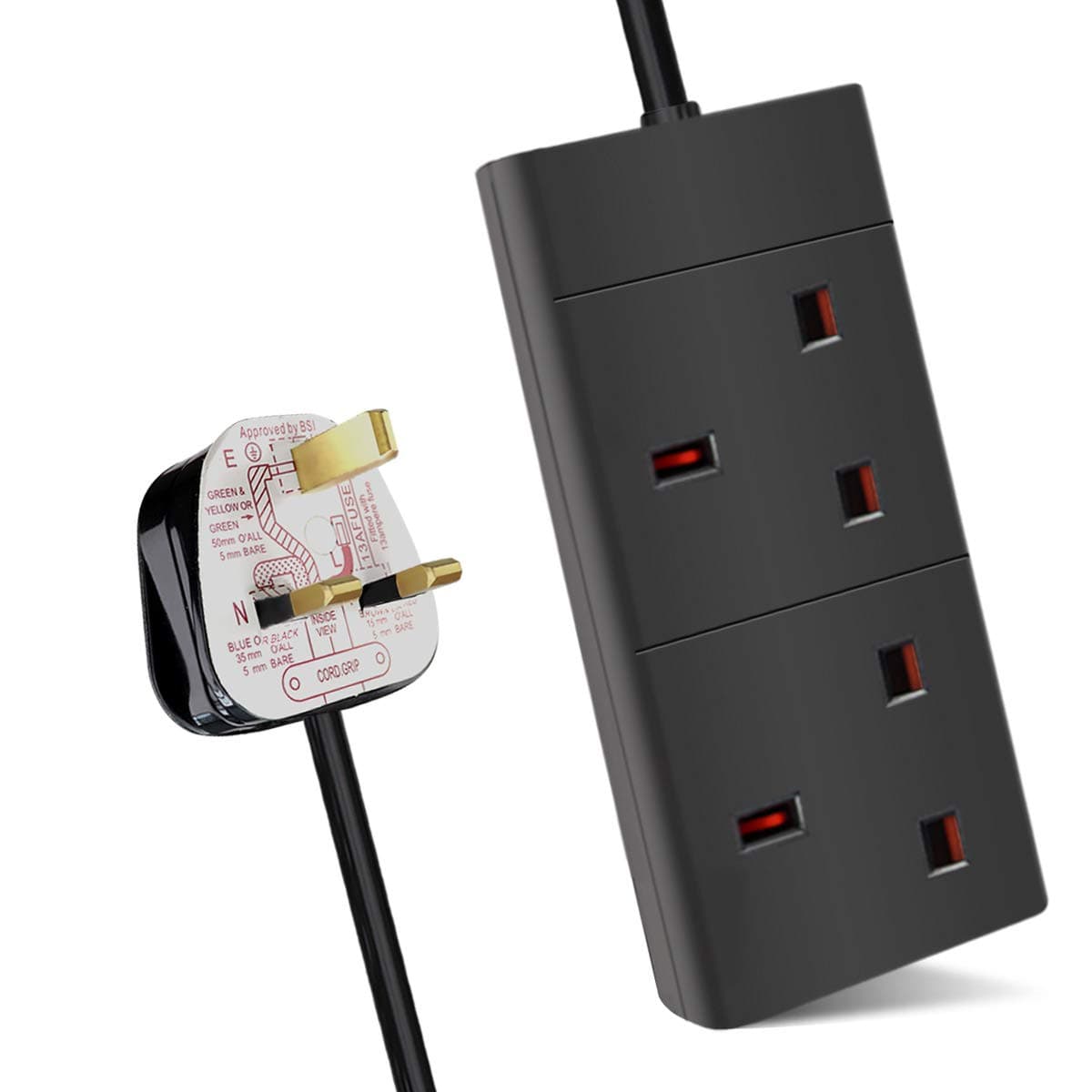 ExtraStar 2 Way Extension Lead, 13A Fused UK Plug Extension Socket, 5M Extension Cable Power Strip - Black
