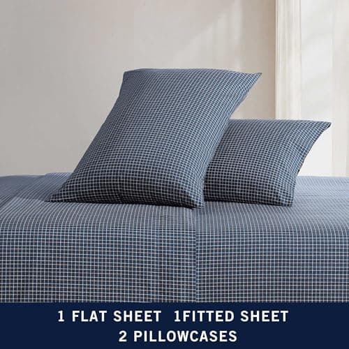 Nautica – Full Size Sheet Set, Crisp Cotton Percale Bedding with Matching Pillowcases, Lightweight & Breathable Bed Sheets, Deep Pocket, College Dorm Room Essentials (Reece Plaid Blue) — view 2