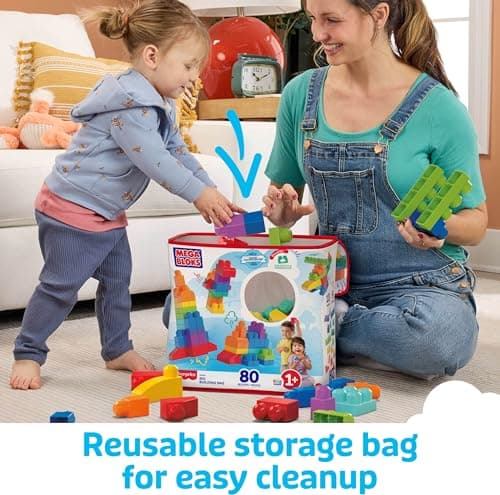 MEGA BLOKS First Builders Toddler Blocks Toys Set, Big Building Bag with 80 Pieces and Storage, Blue, Ages 1+ Years — view 3