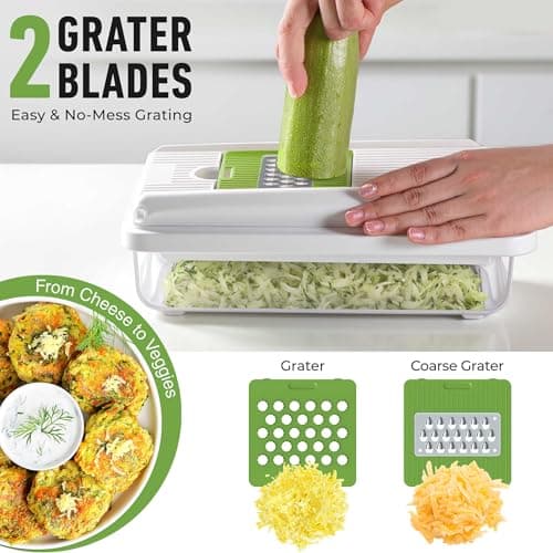 Mueller Vegetable Chopper, Mandoline Slicer, Food Veggie Chopper, Cheese Grater, Onion Vegetable Cutter with Container, Dicer, Kitchen Gadgets & Essentials, White Sand/Green — view 5