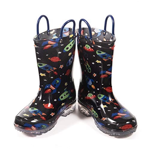 HugRain Toddler Boys Rain Boots Baby Kids Light Up Printed Waterproof Shoes Rubber Garden Puddle Boots Lightweight Adorable Cute Black Cosmos Space Roket Easy-On Handles and Insole (Size 6,Black) — view 3