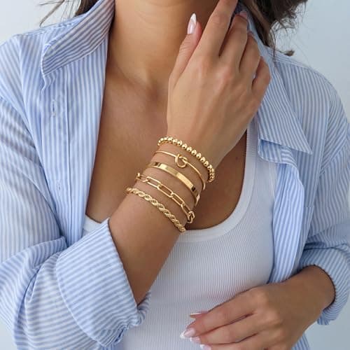 Gokeey Gold Cuff Bracelets for Women Trendy Waterproof, 14K Gold Plated Chunky Gold Bangles Beaded Bracelet for Women Fashion Accessories, Stackable Rope Forever Love Knot Infinity Paperclip Cuban Twist Bracelets Stack Set Bold Vintage Statement Jewelry — view 4
