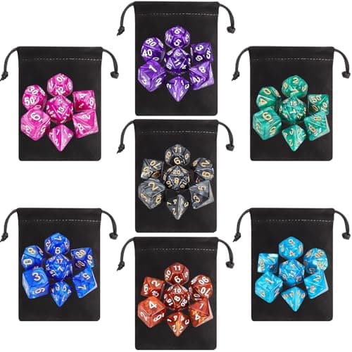 QMay Polyhedral Dice Set - 7 x 7 (49 Pieces) DND Dice with 7PCS Black Drawstring Bags Great for Dungeons and Dragons, RPG, MTG,Role Playing Table Games D4 D6 D8 D10 D% D12 D20
