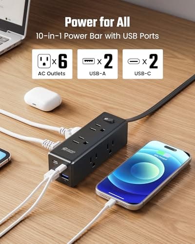 20 Ft Extension Cord with Multiple Outlets, Long Extension with 6 Outlets 4 USB Ports(2 USB C), Flat Plug Surge Protector Power Strip for Home, Office Supplies, Dorm Essentials, Black