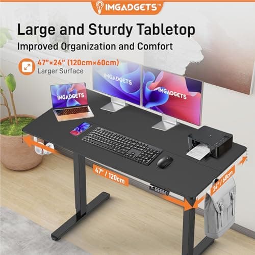 IMGadgets Electric Standing Desk, 47x24 Inches Height Adjustable, 2026 6th Gen Quiet Motor Ergonomic Sit Stand Desk, Computer Desk for Home Office, Height Memory Buttons, Display, 2 Headphone Holders — view 4