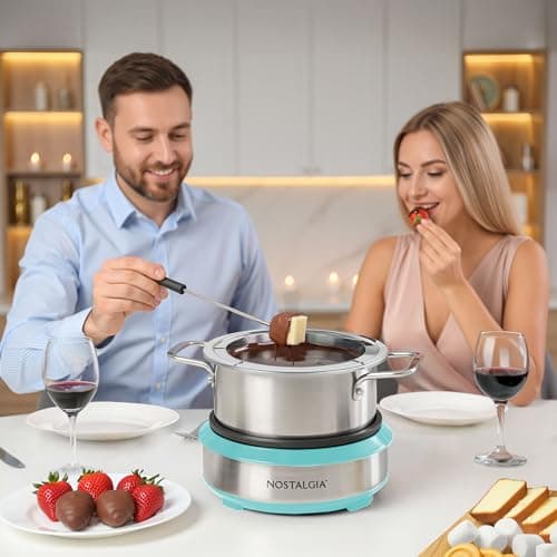 Nostalgia 8-Cup Electric Fondue Pot Set for Cheese & Chocolate - 8 Color-Coded Forks, Temperature Control - Kitchen Gadgets and Appliances for Hors d'Oeuvres and More - Aqua — view 2