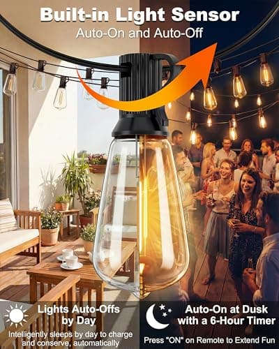 Pesken Solar String Lights Outdoor, Waterproof ST38 LED Patio Lights with Remote & USB Charge, 2700K Dusk to Dawn, Timer & 3 Modes, 54FT Dimmable Solar Powered String Lights for Backyard, Camping — view 4