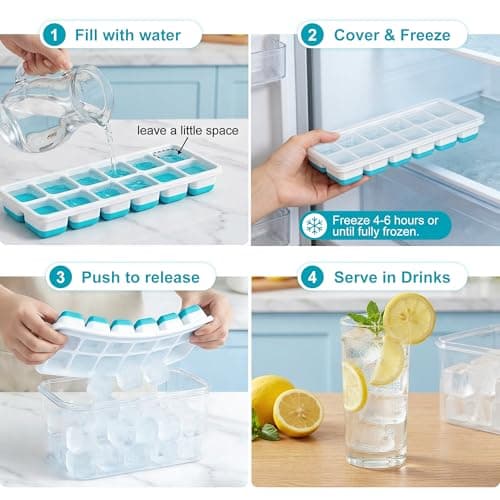 NFK Ice Cube Tray with Lid & Bin - 4 Pack 48 Cubes Stackable Silicone Trays for Freezer with Storage Container, Leak-Proof Lids, BPA-Free, Easy Release for Kitchen, RV, Party, Cocktail & Coffee — view 6