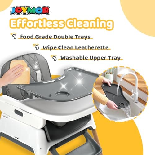 JOYMOR 5 in 1 Baby High Chair for Babies and Toddlers, Portable Highchair Fold Compact, ConvertibleBaby Feeding Chair Booster for Eating with Detachable Double Tray, 5 Point Harness (Grey&White) — view 3