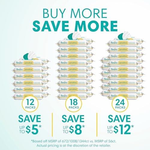 Pampers Baby Wipes Sensitive, Clinically Proven, Fragrance Free, Water Based, Hypoallergenic Baby Wipes, 4X Flip-Top Packs (Count of 336) — view 10
