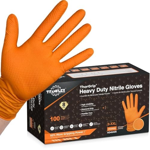 TitanFlex Heavy Duty Industrial Orange Nitrile Gloves, 8-mil, Gloves Disposable Latex Free with Raised Diamond Texture Grip, Powder Free, Rubber Glove, Mechanic Gloves,100-ct Box (Small)