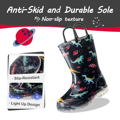Toddler Rain Boots Kids Light Up Rain Boots for Boys Dinosaur Waterproof Patterns Rainboot with Easy Pull On Handles, Little Kid Size 12 — view 2