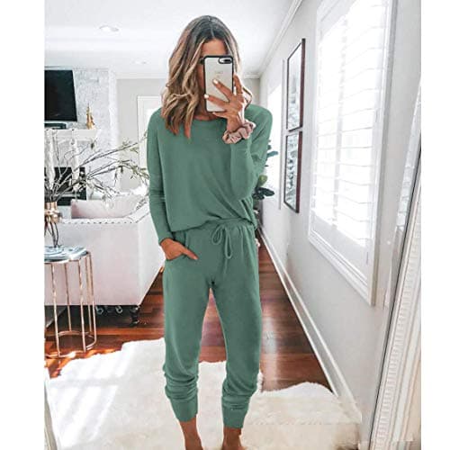 PRETTYGARDEN Women Fall 2 Piece Lounge Outfit Long Sleeve Tops High Waisted Jogger Pants Set Spring Travel Clothes Tracksuit (Light Green,Medium)