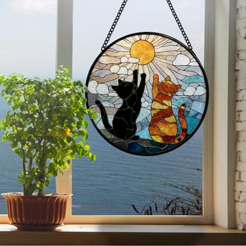 JMENGSSFL Funny Black and Orange Cat Stained Glass Window Hanging, Cat Lovers Gifts Suncatcher Sun Catchers Indoor Window, Cats Round Glass Wall Art Hanging Decor, 7.9x7.9 inch