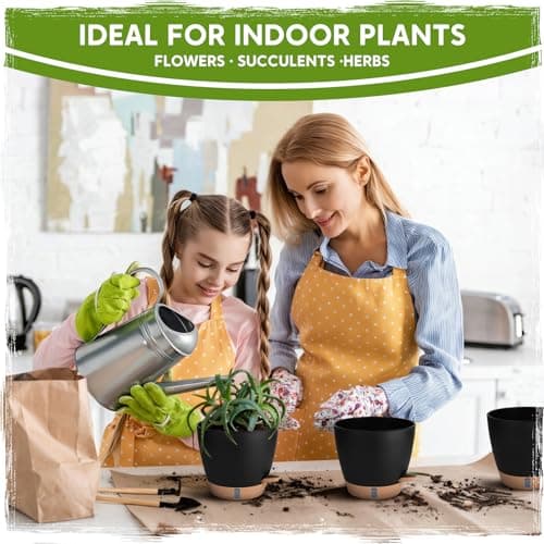 Self Watering Pots for Indoor Plants (5/5.5/6/6.5/8 Inch), Terra Cotta Planters with Water Level Indicator & Drainage,Wicking Pots for Monstera, Herbs & Snake Plant (Black, 5/5.5/6/6.5/8 Inch) — view 5