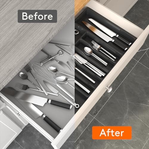 Lifewit Extra Large Cutlery Organizer, Expandable Silverware Drawer Organizer for Kitchen, Adjustable Cutlery Tray Drawer Organizer for Spoon Forks Knives, Cutlery Crocks, 13-22 x 15", Black — view 4