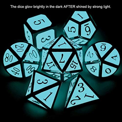 Haxtec Glow in The Dark Metal Dice Set Glowing Blue Silver W/ Dragon Dice Bag 7 Die D&D Dice Set for Dungeons and Dragons RPG Games-Silver Glowing Blue — view 2
