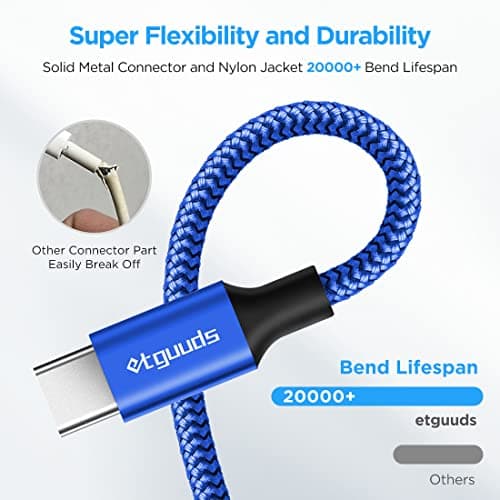 etguuds USB A to USB C Cable 4ft, 2-Pack, 3A Fast Charging Type C Charger Cord for iPhone 17 16 15 Pro Max 16e 17 Air, Samsung Galaxy S25 S24 S23 S22 S21 S20 A17 A16 A56 A55 Flip Fold, Blue — view 5