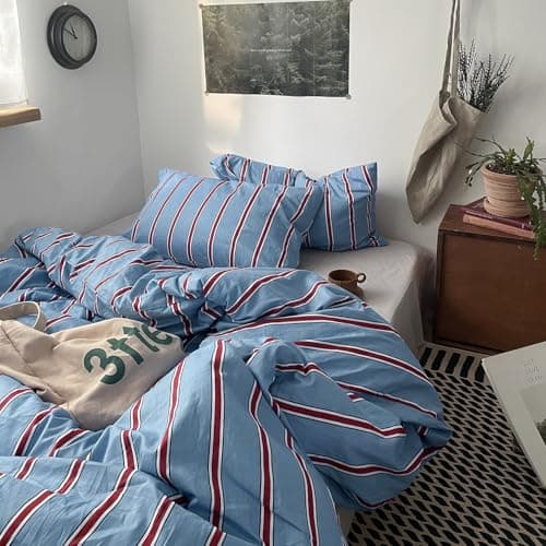 mixinni Vintage Striped Blue Duvet Cover Queen - 100% Cotton Red Stripes 3-Piece Bedding Duvet Cover Set with Zipper Closure, Soft & Breathable Retro Design for All Seasons (Queen Size) — view 5