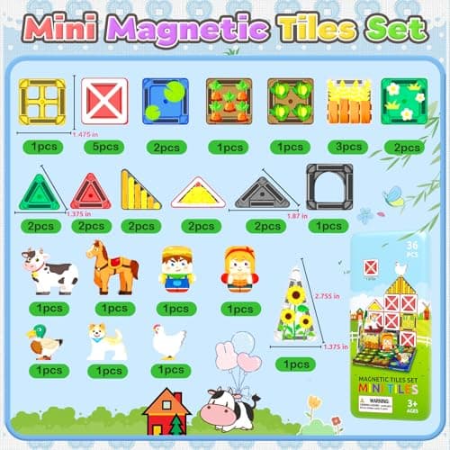 ORZbb Mini Magnetic Tiles Farm Animal Toys Toddler Travel Essentials Set with Case, Kids Magnetic Blocks Montessori Education Learning Sensory Preschool Toys for 3+ Year Old Boys Girls Gifts